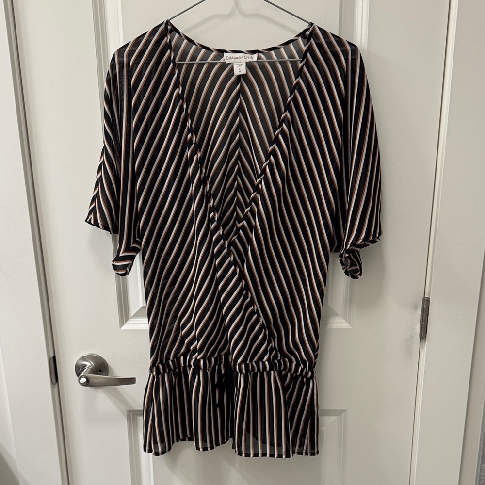 Coldwater Creek Black, Brown and White Sheer Striped Office to Evening Blouse